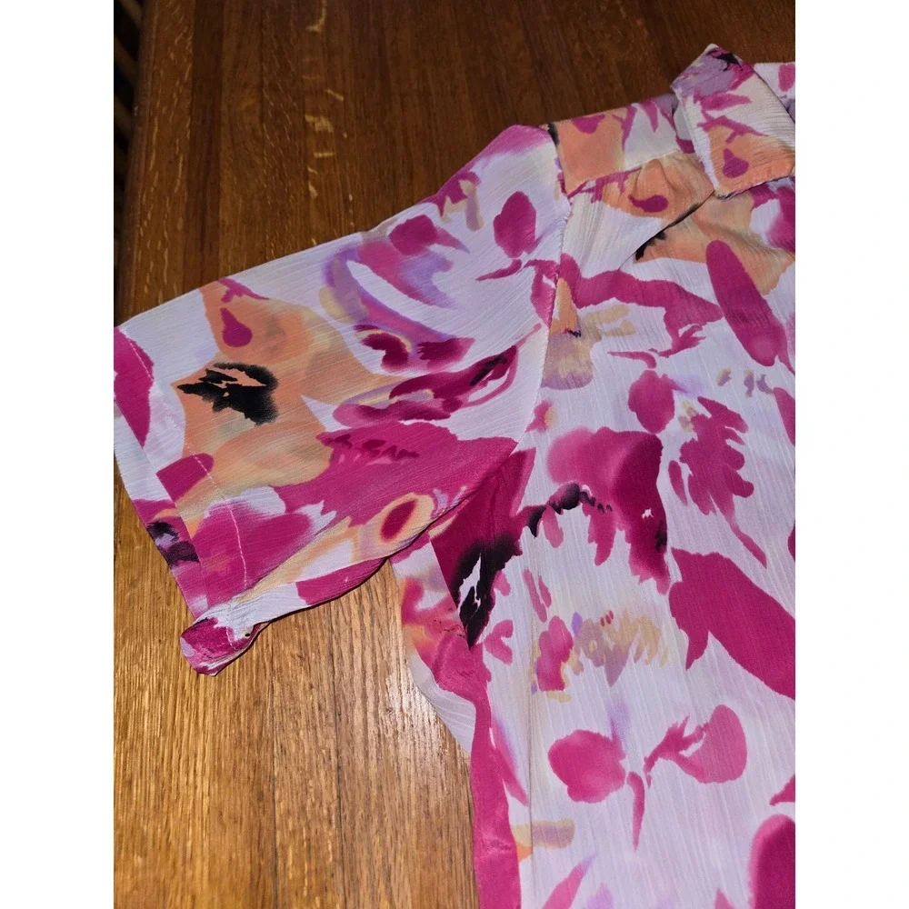 National Women XL Pink Orange Floral Spring Summer Button Down Short Sleeve Top - Picture 5 of 11
